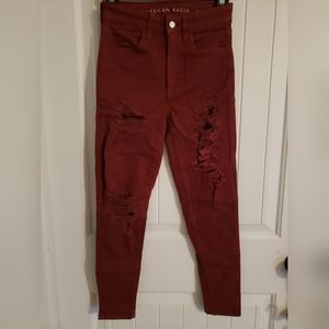 American Eagle Maroon Distressed Style Skinny Jean
